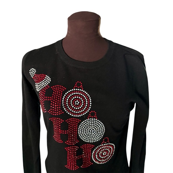 Vila Milano Black Rhinestone HO HO HO Lightweight Sweater, Womens size Medium - Picture 9 of 12